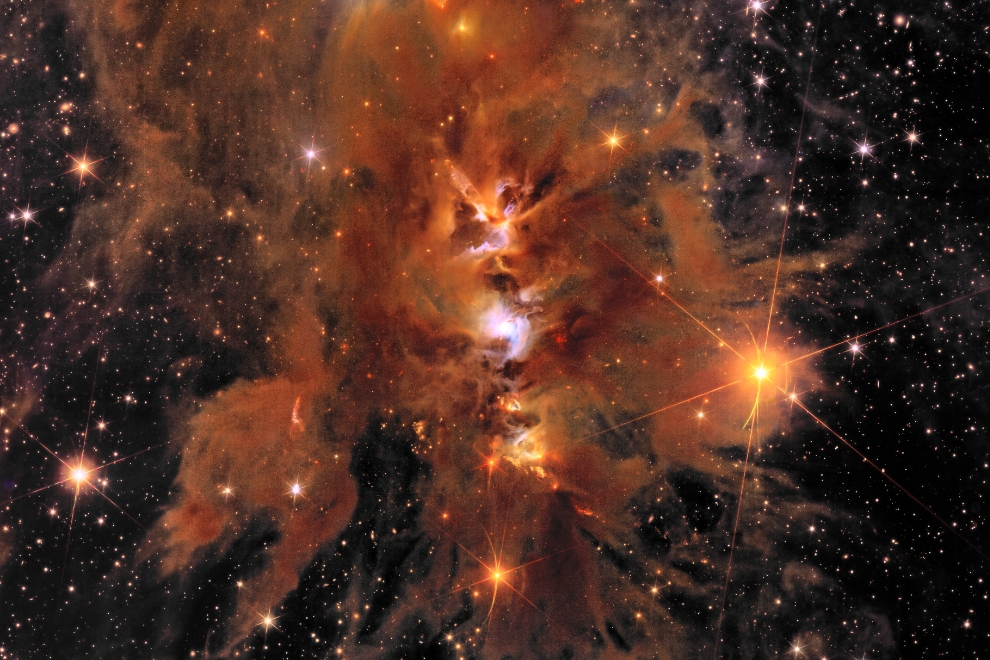 Euclid image - This image is a smaller, close-up cutout from a larger frame featuring Messier 78, a vibrant nursery of star formation enveloped in a shroud of interstellar dust. This image shows the densest part of the molecular cloud complex and a region with ongoing star formation