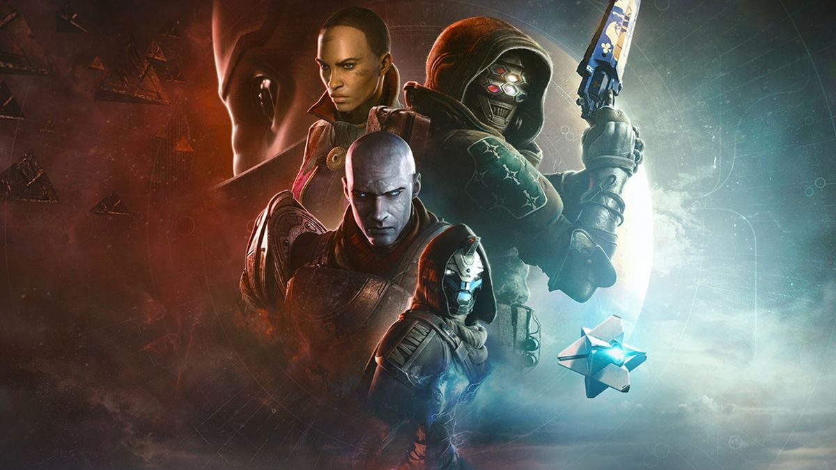 Main image shows characters from the video game: Destiny 2 in foreground with a red to blue (left to right) colour scheme