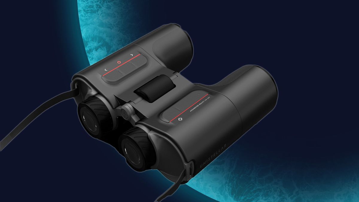 Unistellar Envision Smart Binoculars, black on a background of a blue planet