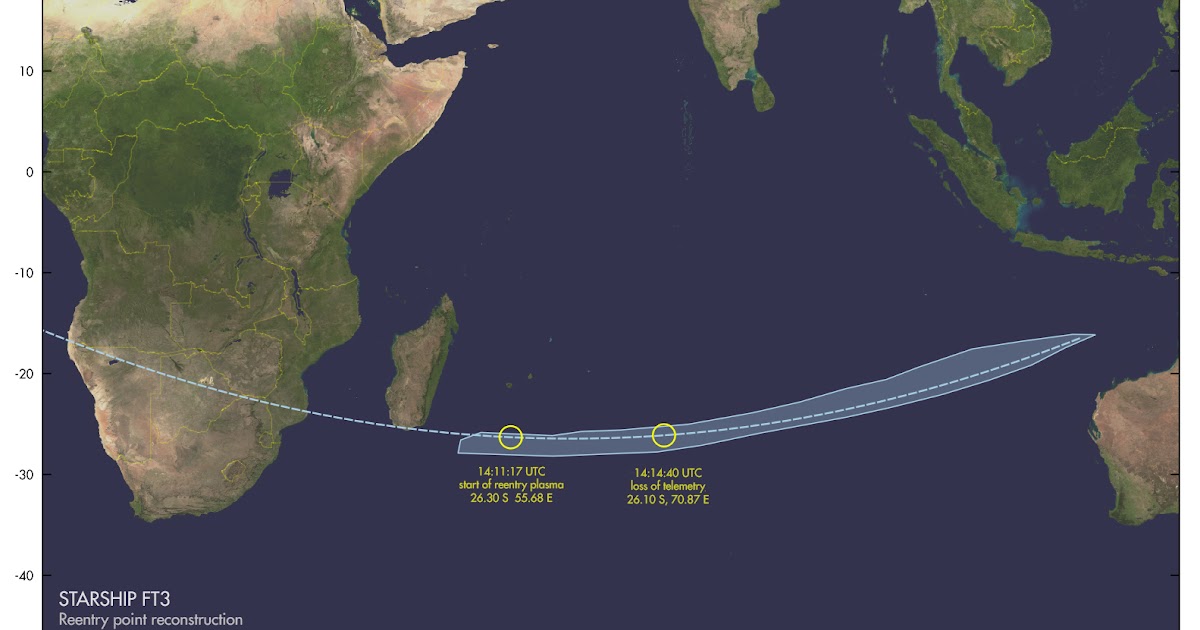 Reconstructing the approximate reentry and disintegration position of Starship FT3 [UPDATED]