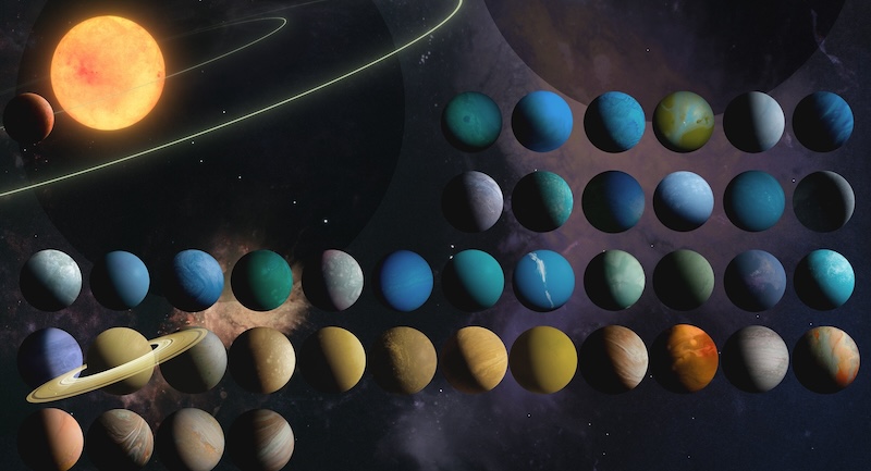 Exoplanet catalog: Bright yellowish sphere in top left corner, with numerous other smaller and variously colored spheres, 1 with rings, in 5 rows filling rest of image.