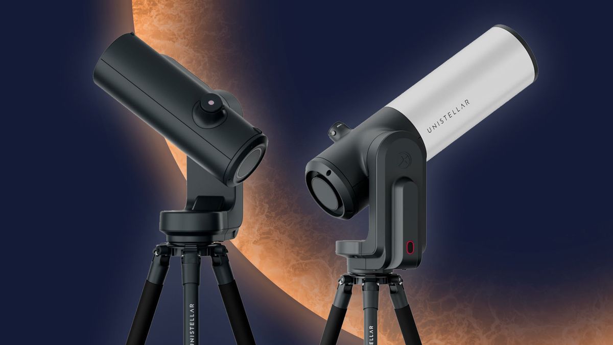 Unistellar Odyssey, E V scope two and equinox 2 smart telescopes on a blue background